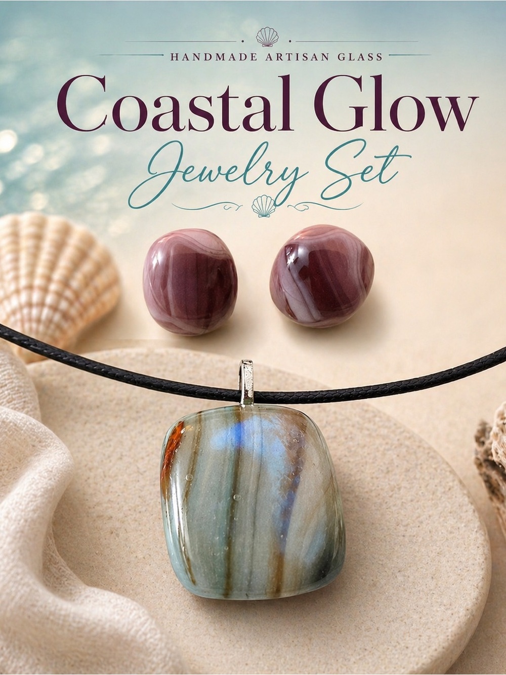 Artisan Pendant & Earrings Set in Smoky Mauve - Handmade Blue Green Swirls New